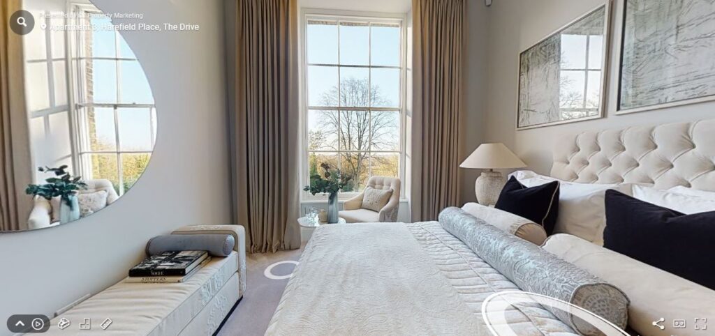 A screenshot of a bedroom from a property virtual tour.